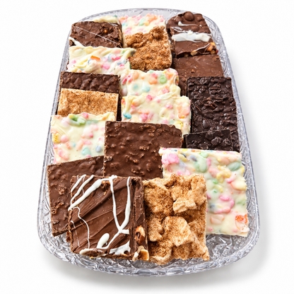 Bark sampler tray with Cinnamon Toast Crunch, Pebble, Sea Salt Hazelnut and Chocolate Krisp chocolate bark