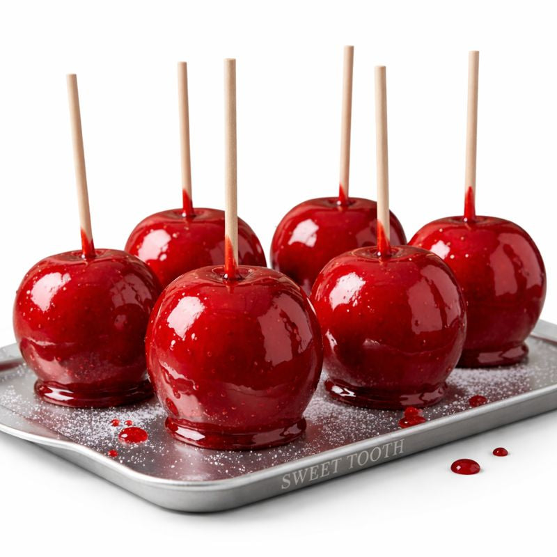 Glossy red candy apples on sticks, handmade kosher treats from The Sweet Tooth North Miami Beach since 1979