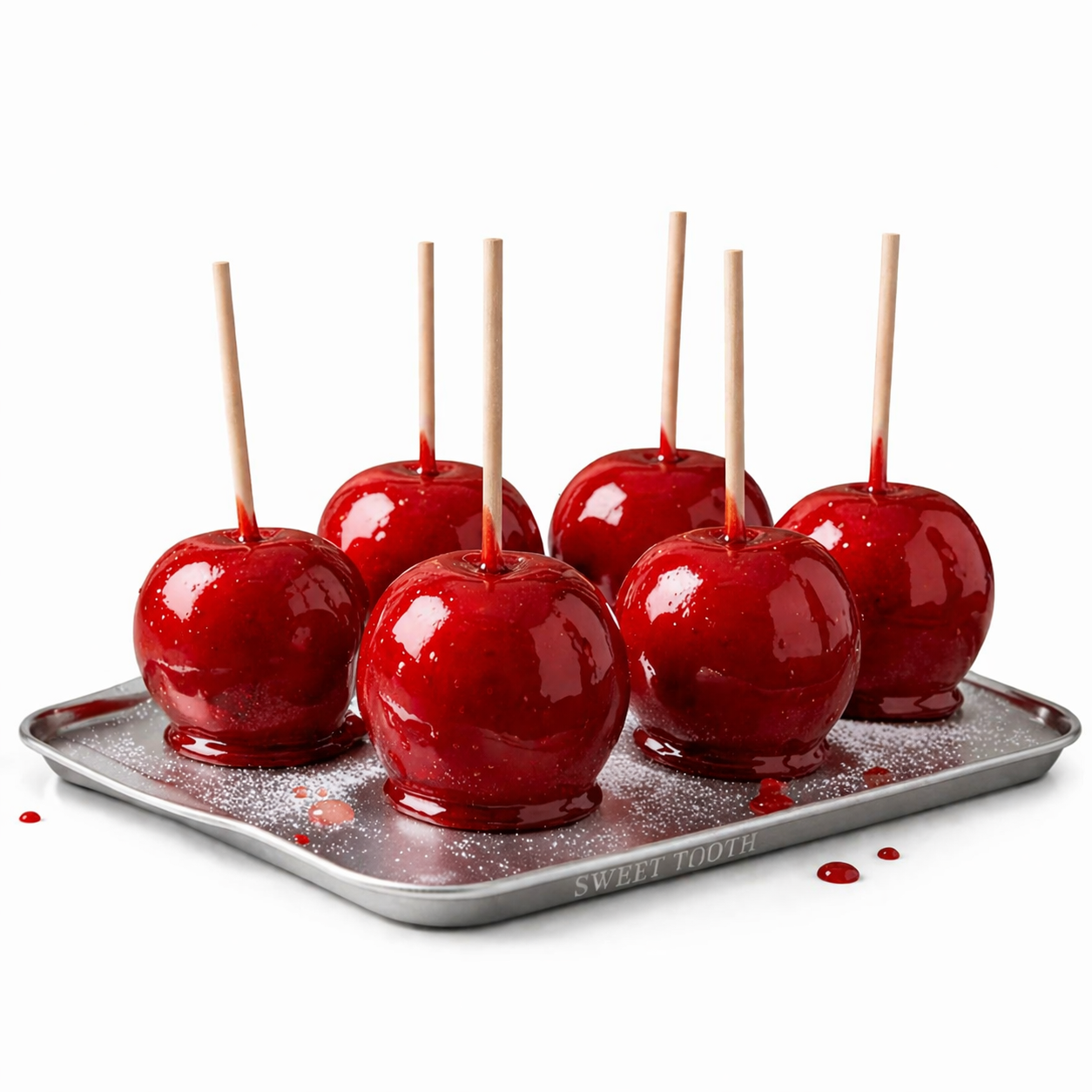Glossy red candy apples on sticks, handmade kosher treats from The Sweet Tooth North Miami Beach since 1979