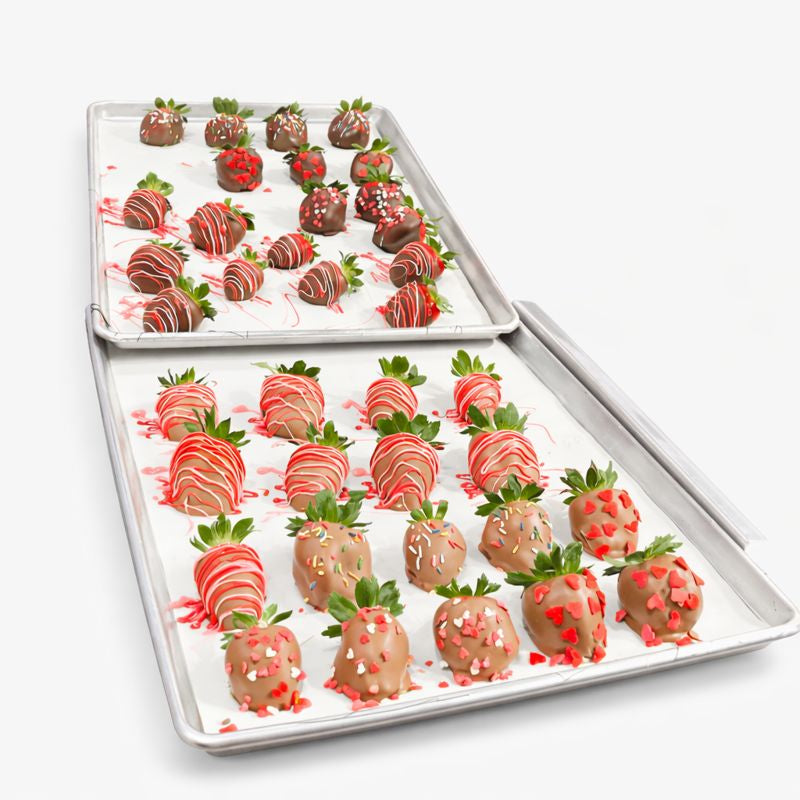 Chocolate-covered strawberries handmade with red and white drizzle The Sweet Tooth North Miami Beach since 1979