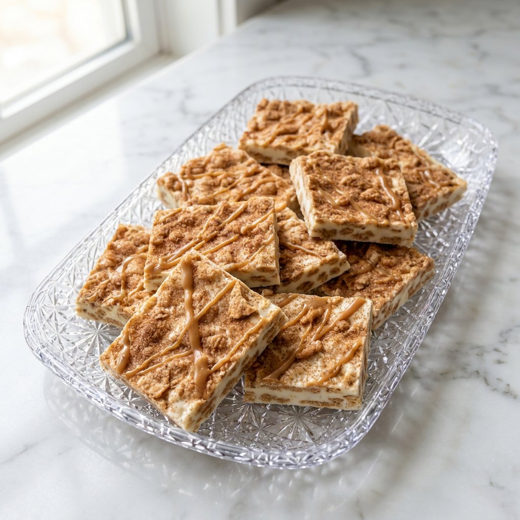 Cinnamon Toast Crunch Bark on a clear tray on a white marble counter, from The Sweet Tooth