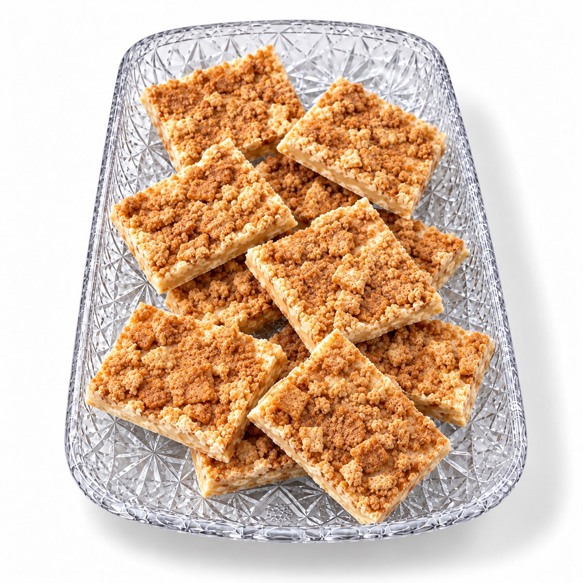 Cinnamon Toast Crunch white chocolate bark on a glass tray