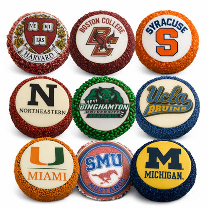 Collection of chocolate oreos with colored sprinkles with various university logos on a white background
