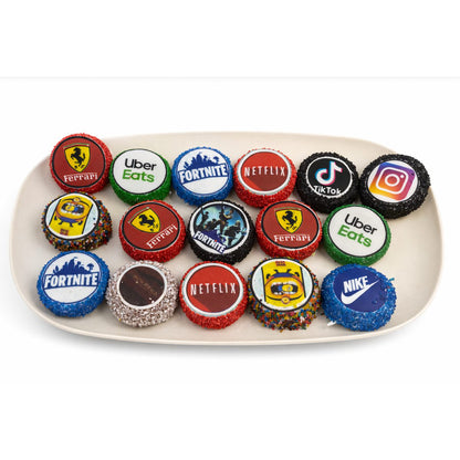 
Custom logo chocolate dipped Oreos with branded designs, handmade corporate gift treats, The Sweet Tooth North Miami Beach since 1979
