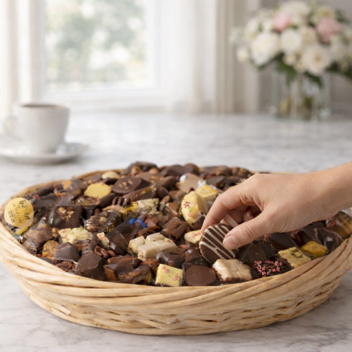 Wicker basket filled with assorted chocolates on a marble surface.