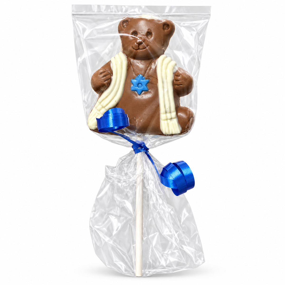 Chocolate bear lollipop with tallit and blue Star of David