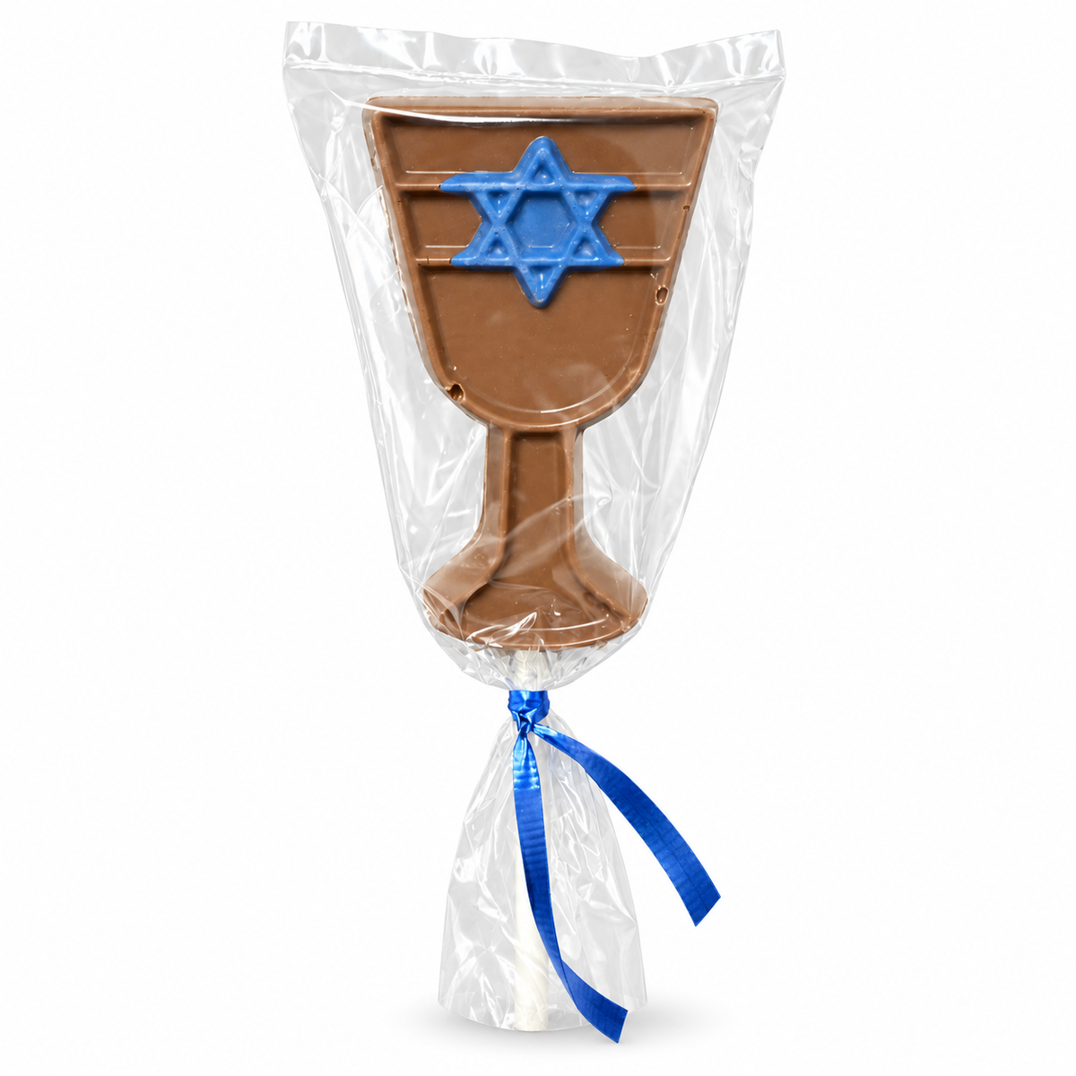 Chocolate kiddush cup lollipop with a blue Star of David