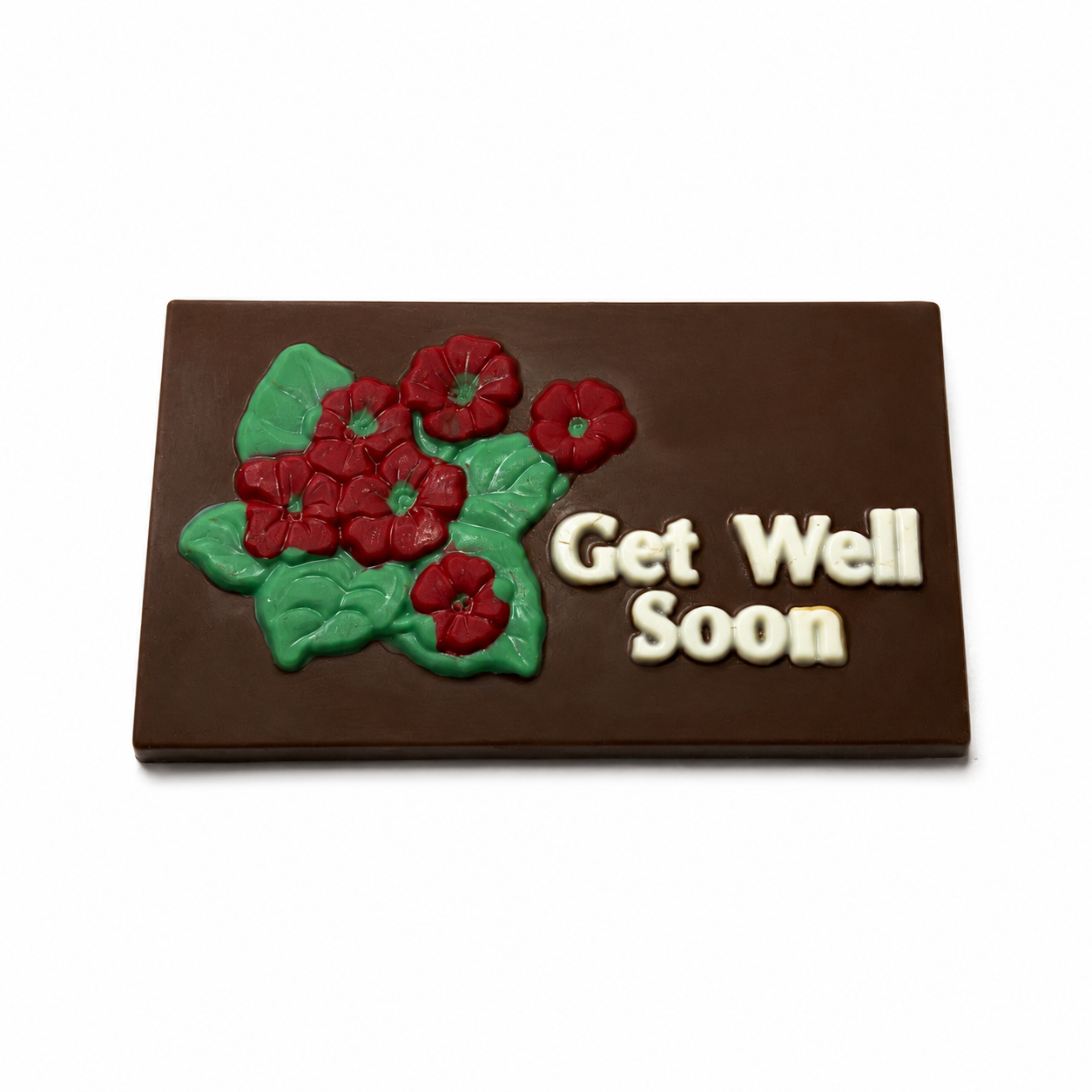 Get Well Soon chocolate plaque with floral design + comforting handcrafted chocolate gift + The Sweet Tooth North Miami Beach + since 1979