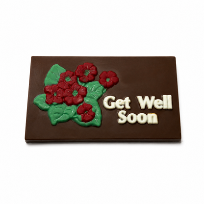 Get Well Soon chocolate plaque with floral design + comforting handcrafted chocolate gift + The Sweet Tooth North Miami Beach + since 1979