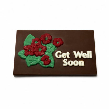 Get Well Soon chocolate plaque with floral design + comforting handcrafted chocolate gift + The Sweet Tooth North Miami Beach + since 1979