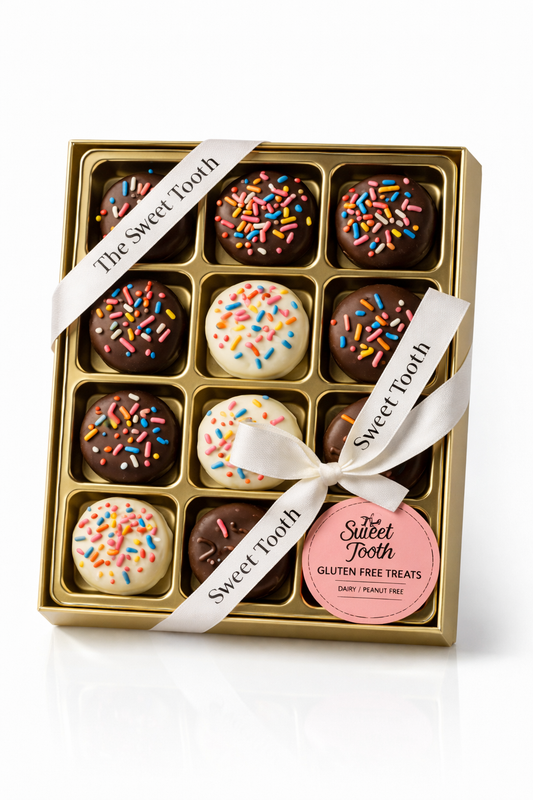 Gluten-free chocolate covered oreos kosher gift box with colorful sprinkles handmade The Sweet Tooth North Miami Beach since 1979