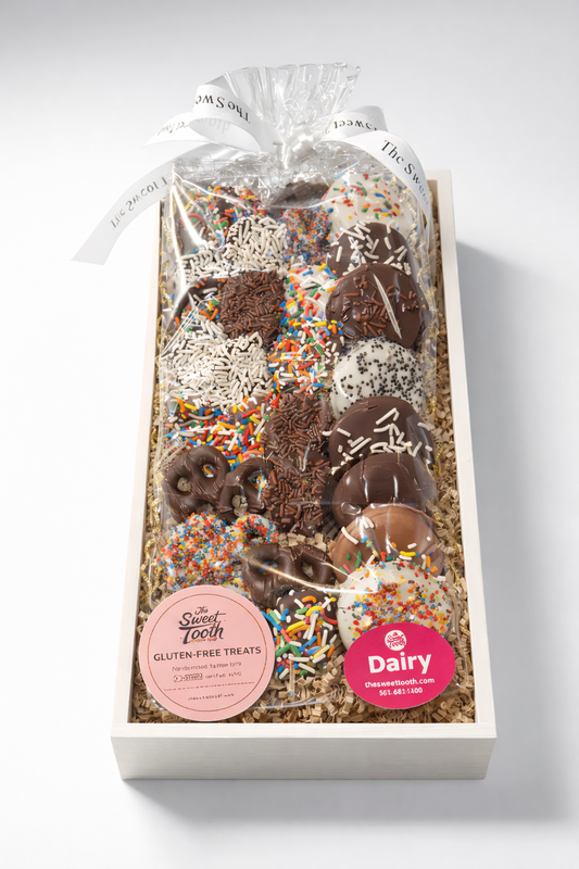 Gluten-free and kosher chocolate covered treats gift box with assorted toppings handmade The Sweet Tooth North Miami Beach since 1979