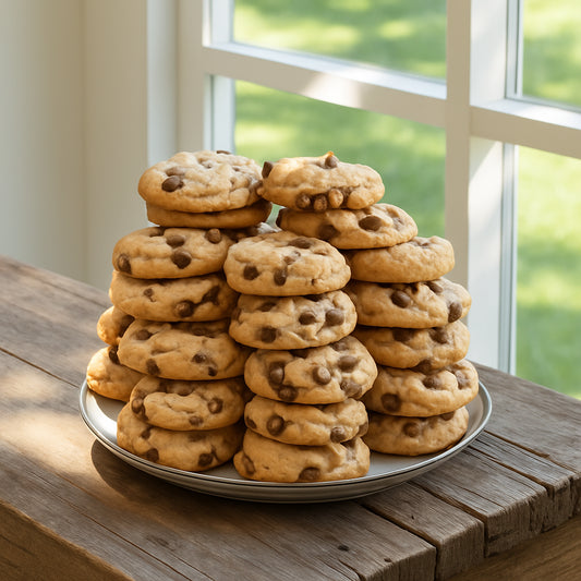 Sweet Tooth Cookies: The Ultimate Gift for Cookie Lovers stacked on a plate, featuring golden-baked chocolate chip cookies in natural light.