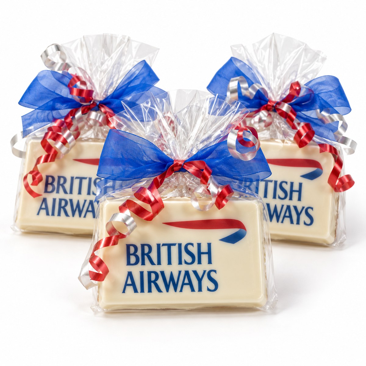 Logo chocolate bars wrapped with ribbons in matching brand colors