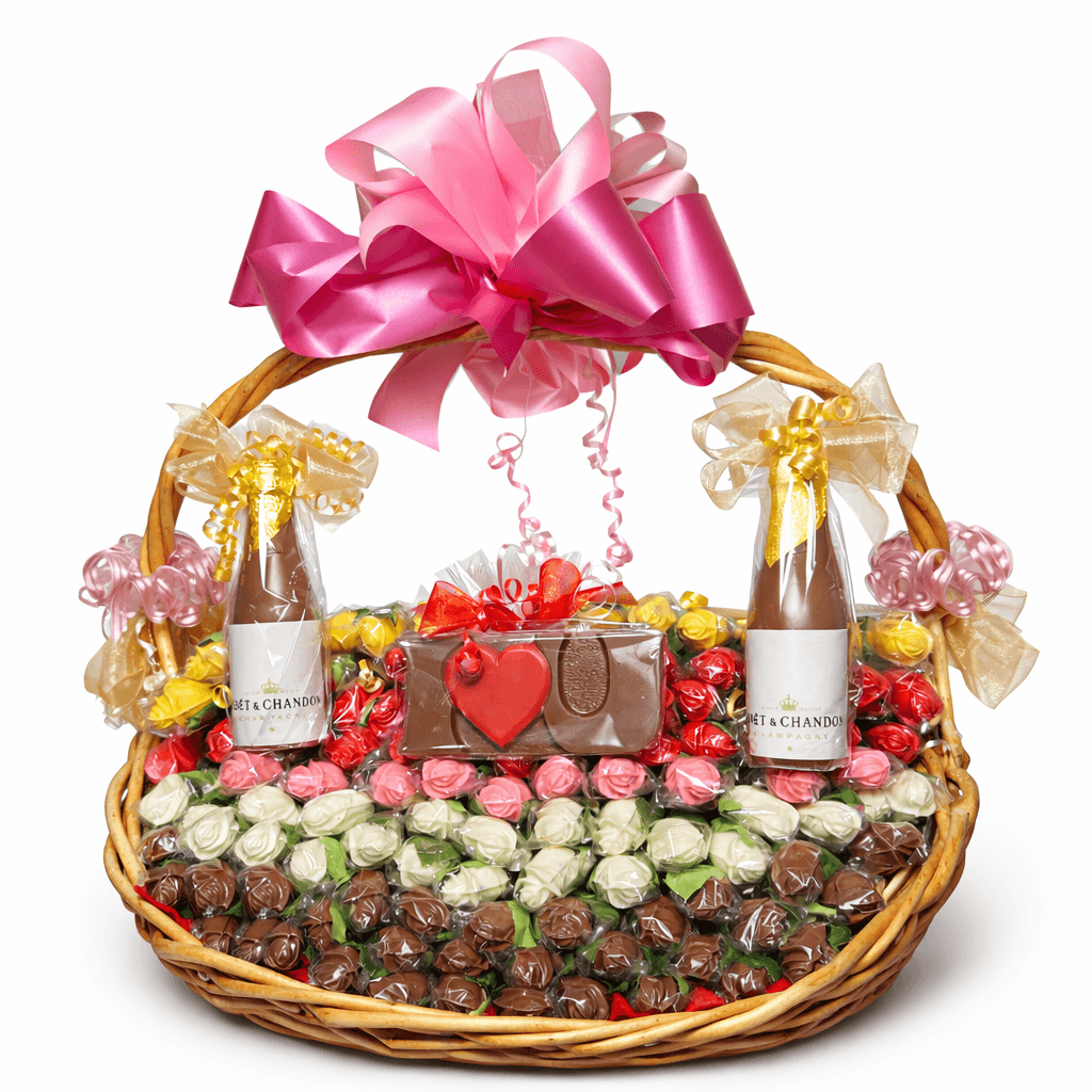 One-of-one luxury chocolate basket with 102 handcrafted chocolate roses, chocolate champagne bottles, and love plaque by The Sweet Tooth.
