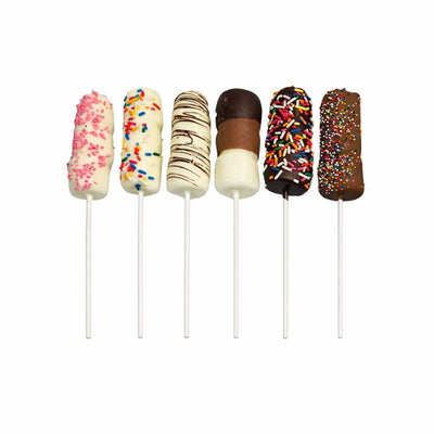Assorted chocolate-dipped treats on sticks with different toppings on a white background handcrafted treat The Sweet Tooth North Miami Beach since 1979