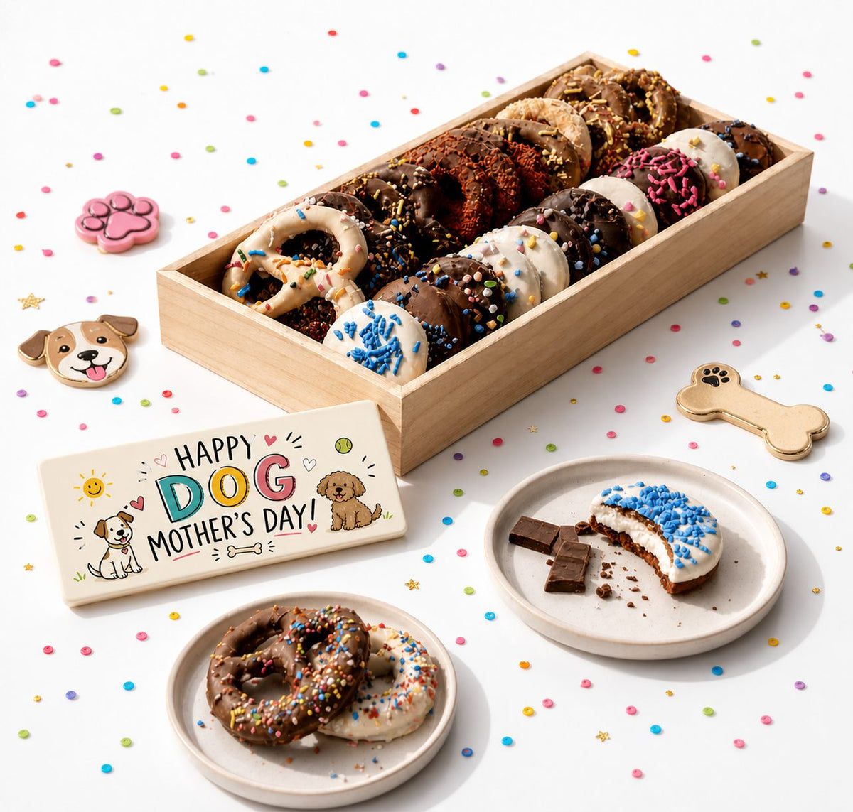 Dog Mother's Day Pretzel and Oreo Tray — 12 hand-dipped chocolate pretzels and 12 chocolate-covered Oreos in a wooden tray, with a Happy Dog Mother's Day chocolate gift card