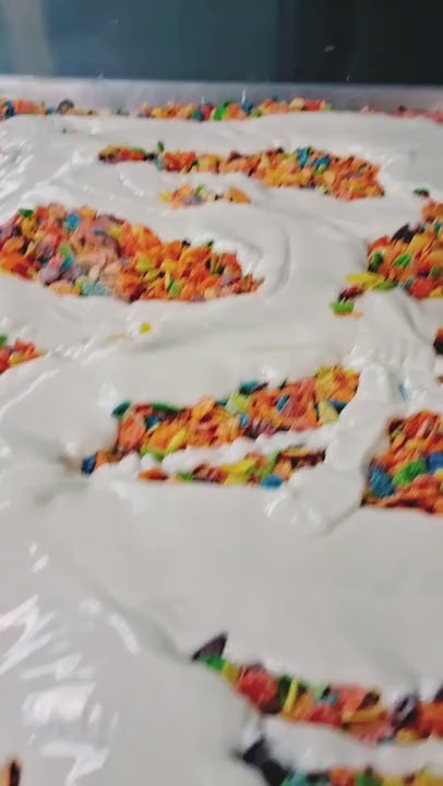 Fruity Pebbles white chocolate bark being mixed, portioned, and shown in finished pieces at The Sweet Tooth