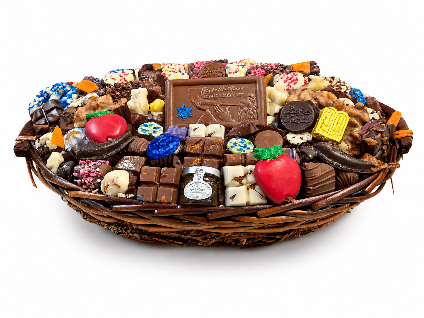 Rosh Hashanah Grand Oval gift basket filled with kosher chocolates, a Happy New Year chocolate plaque, red apple-shaped chocolates, a jar of pure honey, chocolate shofars, and assorted truffles from The Sweet Tooth