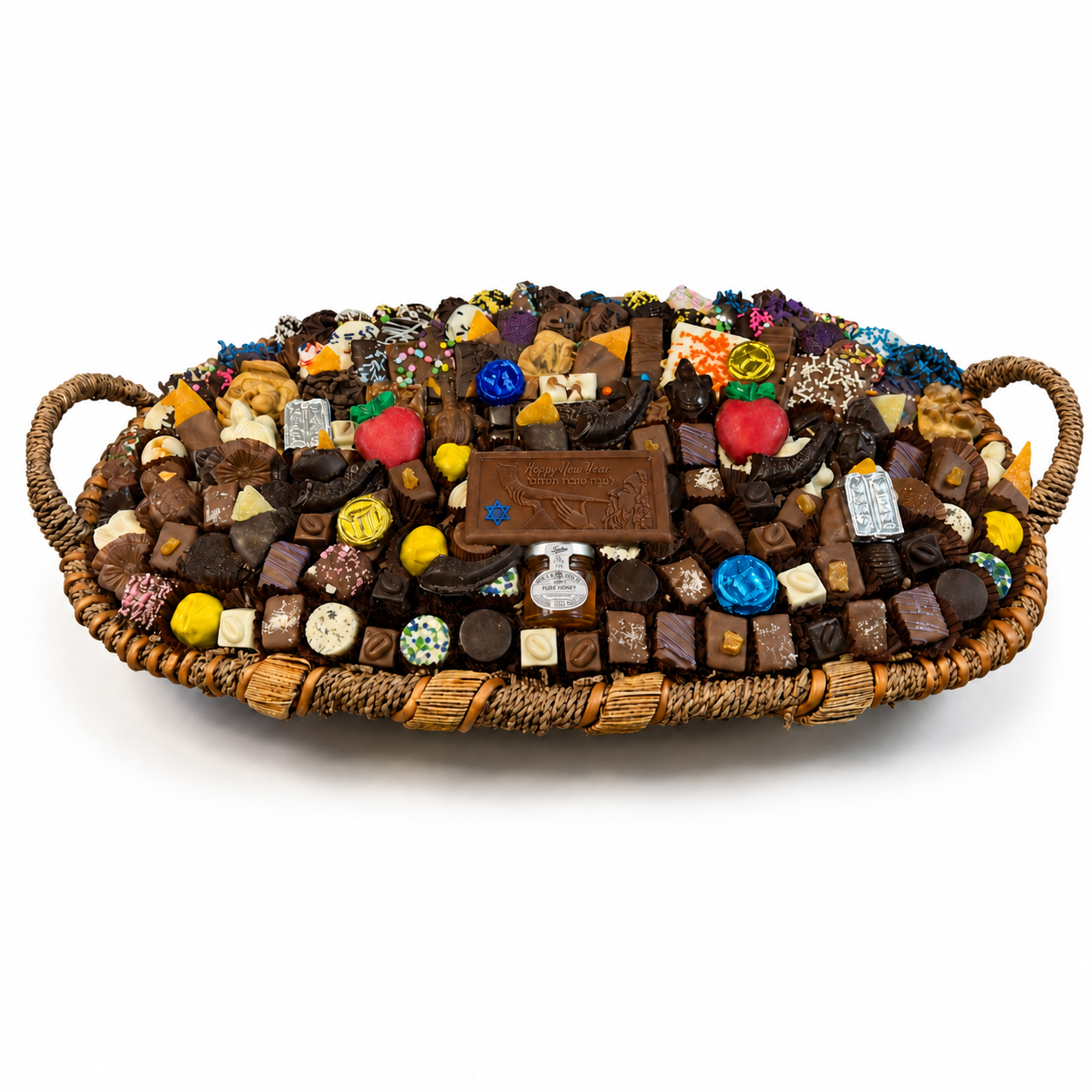 Rosh Hashanah jumbo gift basket of kosher chocolates with Happy New Year chocolate bar, honey jar, chocolate apples and shofars - The Sweet Tooth, North Miami Beach