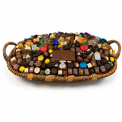 Rosh Hashanah jumbo gift basket of kosher chocolates with Happy New Year chocolate bar, honey jar, chocolate apples and shofars - The Sweet Tooth, North Miami Beach