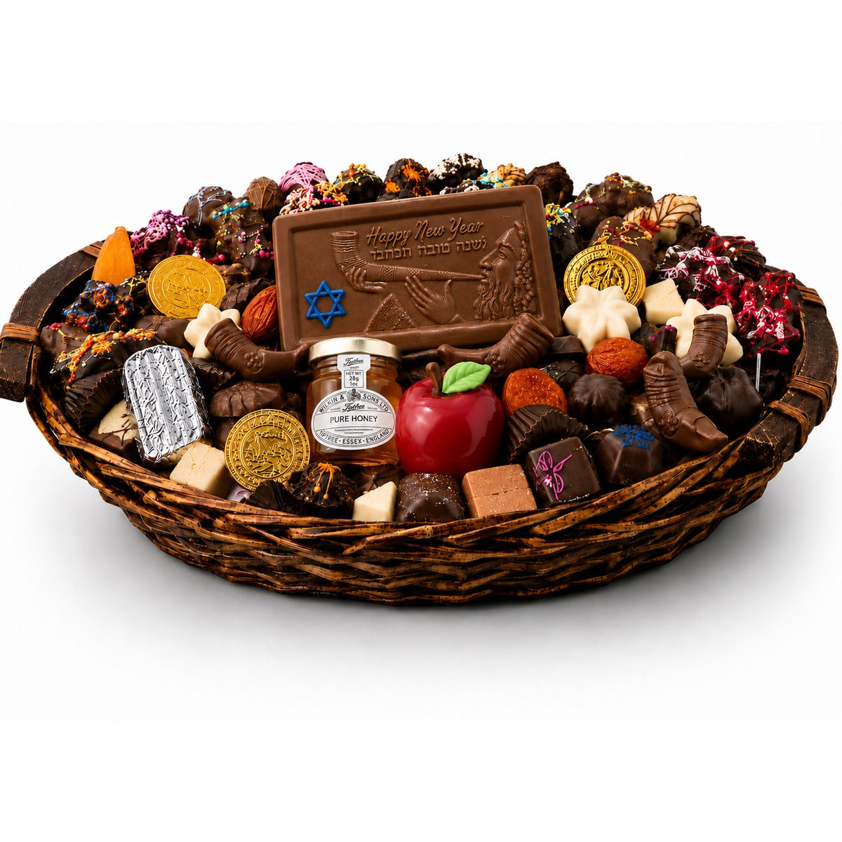 Rosh Hashanah Large Oval gift basket of kosher chocolates with Happy New Year chocolate plaque, honey jar, red apple chocolate, and chocolate gold coins from The Sweet Tooth