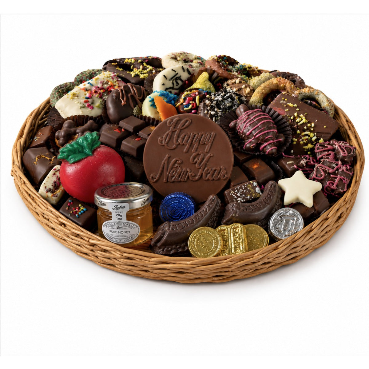 Rosh Hashanah Medium Round gift basket of kosher chocolates with Happy New Year chocolate plaque, honey jar, red apple chocolate, shofars, and gold coins from The Sweet Tooth