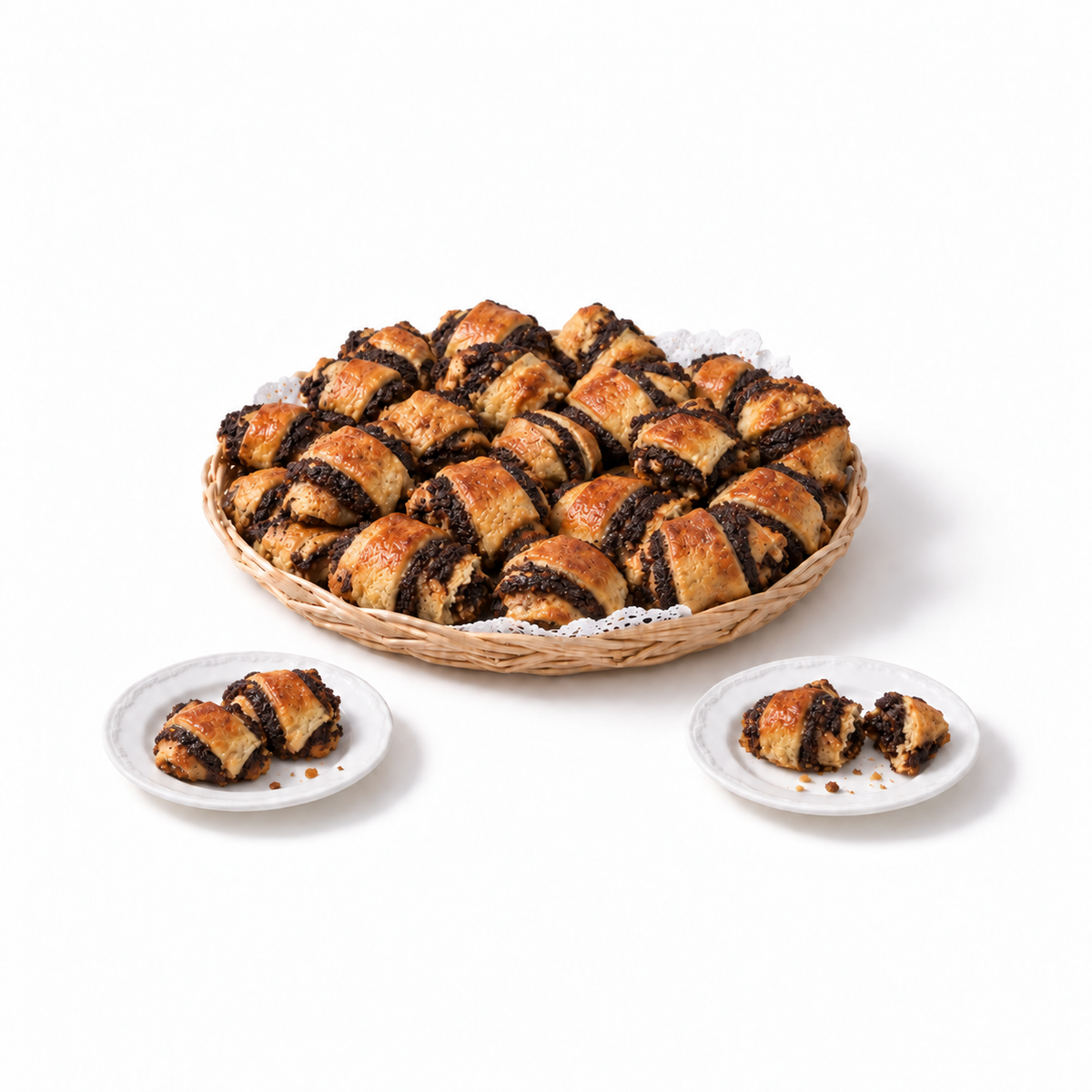 Sonny’s chocolate rugelach in a wicker tray with two serving plates at The Sweet Tooth in North Miami Beach