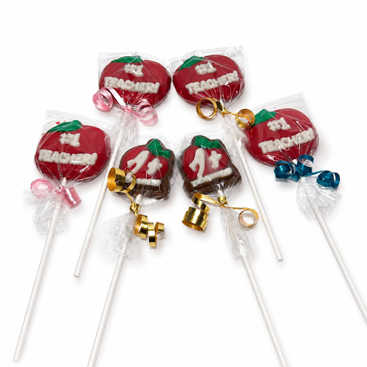 Chocolate #1 Teacher apple lollipops on sticks from The Sweet Tooth