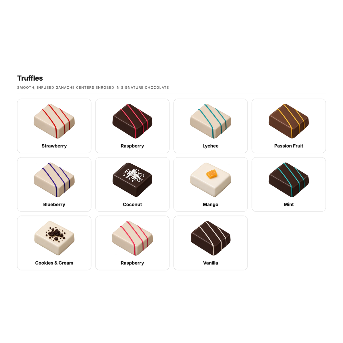 Our 11 truffle flavors: Strawberry, Raspberry, Lychee, Passion Fruit, Blueberry, Coconut, Mango, Mint, Cookies & Cream, Raspberry and Vanilla