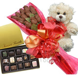 Long Stem Chocolate Red Velvet  Roses, Truffles & Bear For Valentine's Day