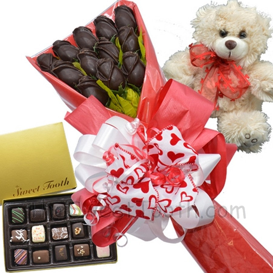 Long Stem Dark Chocolate Roses, Truffles & Bear For Valentine's Day