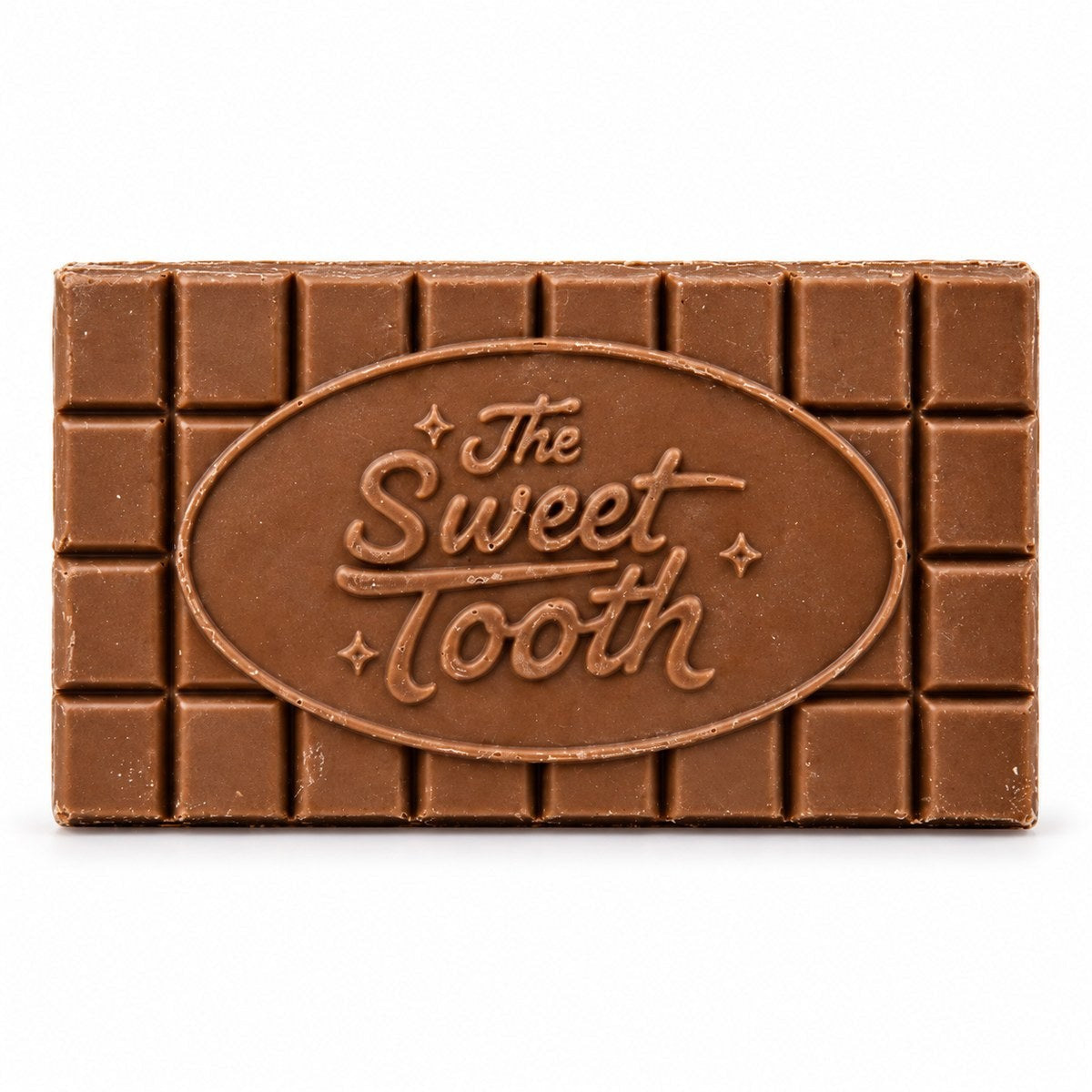 A milk chocolate bar with The Sweet Tooth logo on it