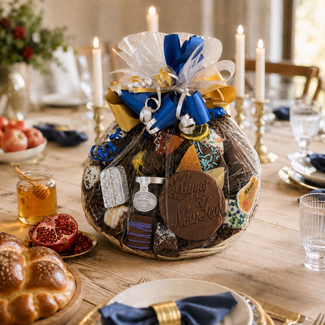 Rosh Hashanah gift basket wrapped with a bow