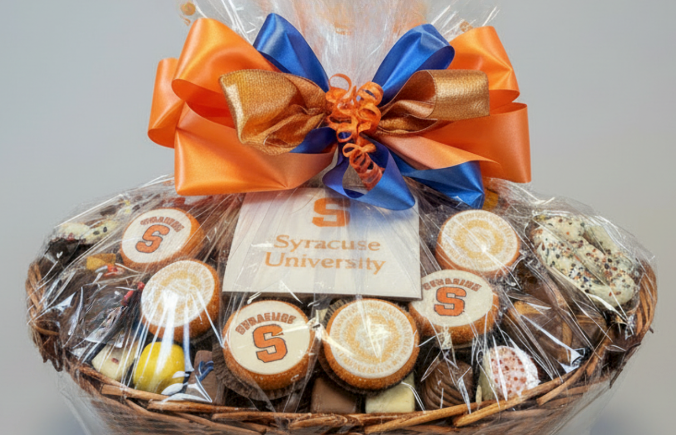 Syracuse University college acceptance gift basket in orange school colors